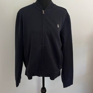 Men’s zip Polo sweatshirt, with front pockets. Navy size large.